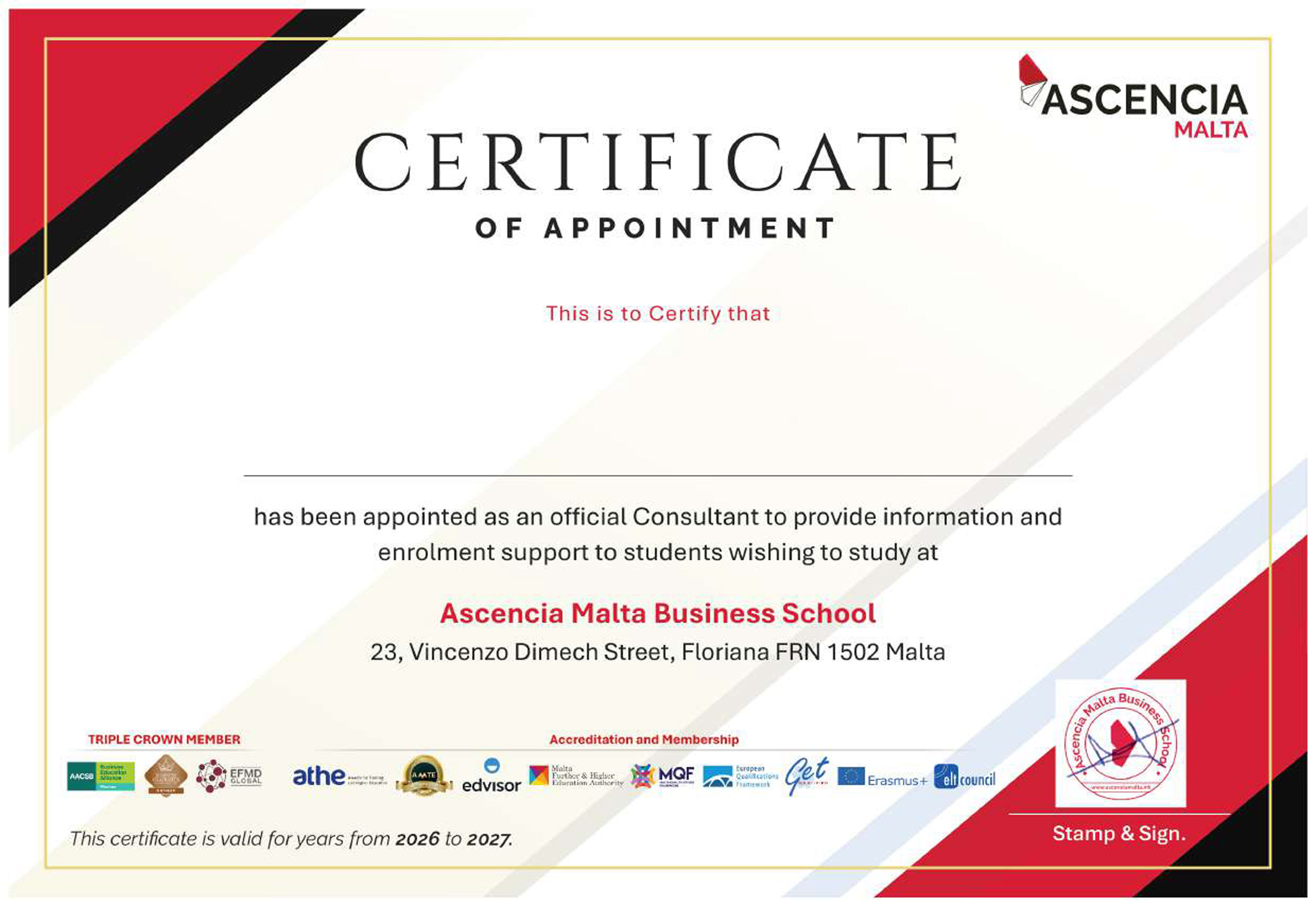Ascencia International Agency Certificate